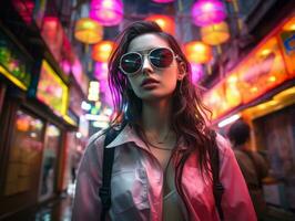 femme dans futuriste vêtements jouit tranquille promenade par néon ville des rues ai génératif photo