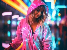 femme dans futuriste vêtements jouit tranquille promenade par néon ville des rues ai génératif photo