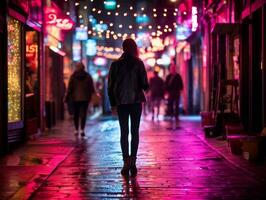 femme dans futuriste vêtements jouit tranquille promenade par néon ville des rues ai génératif photo