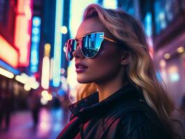 femme dans futuriste vêtements jouit tranquille promenade par néon ville des rues ai génératif photo