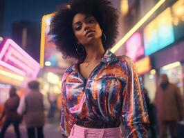 femme dans futuriste vêtements jouit tranquille promenade par néon ville des rues ai génératif photo