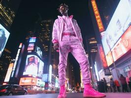 homme dans futur preuve vêtements jouit une tranquille promenade par une néon allumé ville des rues ai génératif photo