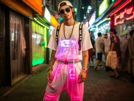 homme dans futur preuve vêtements jouit une tranquille promenade par une néon allumé ville des rues ai génératif photo