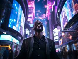 homme dans futur preuve vêtements jouit une tranquille promenade par une néon allumé ville des rues ai génératif photo