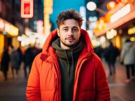 homme dans futur preuve vêtements jouit une tranquille promenade par une néon allumé ville des rues ai génératif photo