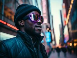 homme dans futur preuve vêtements jouit une tranquille promenade par une néon allumé ville des rues ai génératif photo