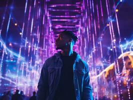 homme dans futur preuve vêtements jouit une tranquille promenade par une néon allumé ville des rues ai génératif photo