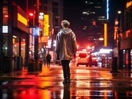 homme dans futur preuve vêtements jouit une tranquille promenade par une néon allumé ville des rues ai génératif photo