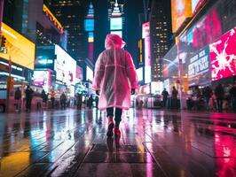 homme dans futur preuve vêtements jouit une tranquille promenade par une néon allumé ville des rues ai génératif photo