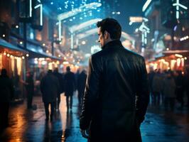 homme dans futur preuve vêtements jouit une tranquille promenade par une néon allumé ville des rues ai génératif photo