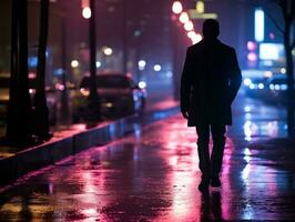 homme dans futur preuve vêtements jouit une tranquille promenade par une néon allumé ville des rues ai génératif photo