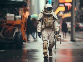 homme dans futuriste vêtements jouit une tranquille promenade par une ville des rues ai génératif photo