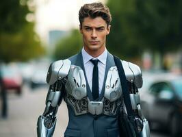 homme dans futuriste vêtements jouit une tranquille promenade par une ville des rues ai génératif photo