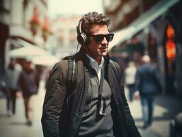 homme dans futuriste vêtements jouit une tranquille promenade par une ville des rues ai génératif photo
