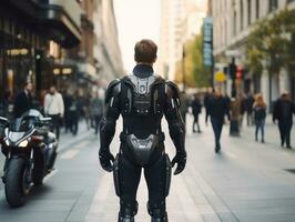 homme dans futuriste vêtements jouit une tranquille promenade par une ville des rues ai génératif photo