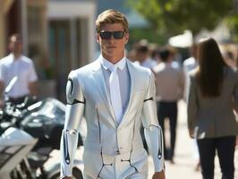 homme dans futuriste vêtements jouit une tranquille promenade par une ville des rues ai génératif photo