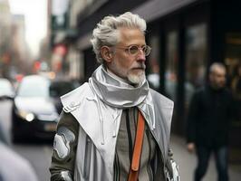 homme dans futuriste vêtements jouit une tranquille promenade par une ville des rues ai génératif photo