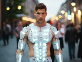 homme dans futuriste vêtements jouit une tranquille promenade par une ville des rues ai génératif photo