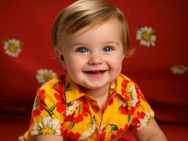 adorable bébé avec vibrant Vêtements dans une espiègle pose ai génératif photo