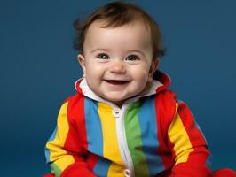 adorable bébé avec vibrant Vêtements dans une espiègle pose ai génératif photo