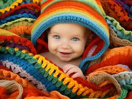 adorable bébé avec vibrant Vêtements dans une espiègle pose ai génératif photo