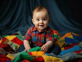 adorable bébé avec vibrant Vêtements dans une espiègle pose ai génératif photo