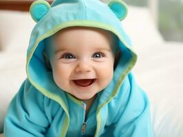 adorable bébé avec vibrant Vêtements dans une espiègle pose ai génératif photo