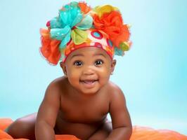 adorable bébé avec vibrant Vêtements dans une espiègle pose ai génératif photo