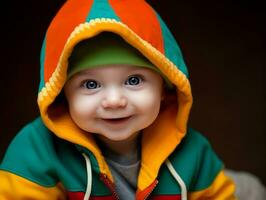 adorable bébé avec vibrant Vêtements dans une espiègle pose ai génératif photo