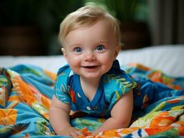 adorable bébé avec vibrant Vêtements dans une espiègle pose ai génératif photo