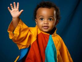 adorable bébé avec vibrant Vêtements dans une espiègle pose ai génératif photo