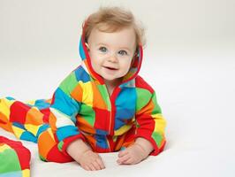 adorable bébé avec vibrant Vêtements dans une espiègle pose ai génératif photo