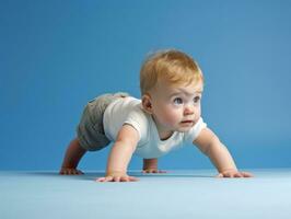 adorable bébé avec vibrant Vêtements dans une espiègle pose ai génératif photo