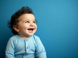 adorable bébé avec vibrant Vêtements dans une espiègle pose ai génératif photo