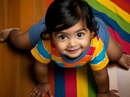 adorable bébé avec vibrant Vêtements dans une espiègle pose ai génératif photo