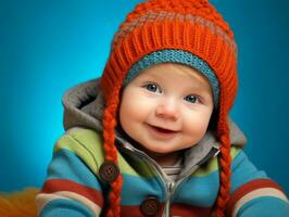 adorable bébé avec vibrant Vêtements dans une espiègle pose ai génératif photo