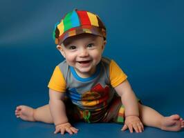 adorable bébé avec vibrant Vêtements dans une espiègle pose ai génératif photo