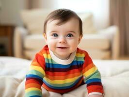 adorable bébé avec vibrant Vêtements dans une espiègle pose ai génératif photo