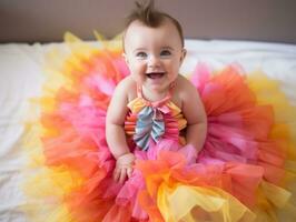 adorable bébé avec vibrant Vêtements dans une espiègle pose ai génératif photo