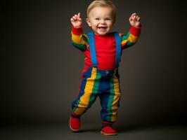 adorable bébé avec vibrant Vêtements dans une espiègle pose ai génératif photo