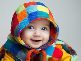 adorable bébé avec vibrant Vêtements dans une espiègle pose ai génératif photo