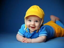 adorable bébé avec vibrant Vêtements dans une espiègle pose ai génératif photo