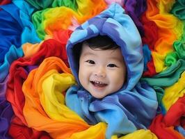 adorable bébé avec vibrant Vêtements dans une espiègle pose ai génératif photo