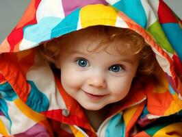 adorable bébé avec vibrant Vêtements dans une espiègle pose ai génératif photo