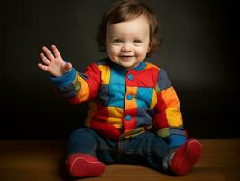 adorable bébé avec vibrant Vêtements dans une espiègle pose ai génératif photo