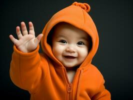 adorable bébé avec vibrant Vêtements dans une espiègle pose ai génératif photo