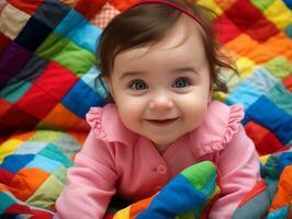 adorable bébé avec vibrant Vêtements dans une espiègle pose ai génératif photo