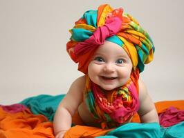 adorable bébé avec vibrant Vêtements dans une espiègle pose ai génératif photo