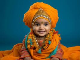 adorable bébé avec vibrant Vêtements dans une espiègle pose ai génératif photo