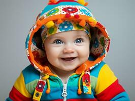 adorable bébé avec vibrant Vêtements dans une espiègle pose ai génératif photo